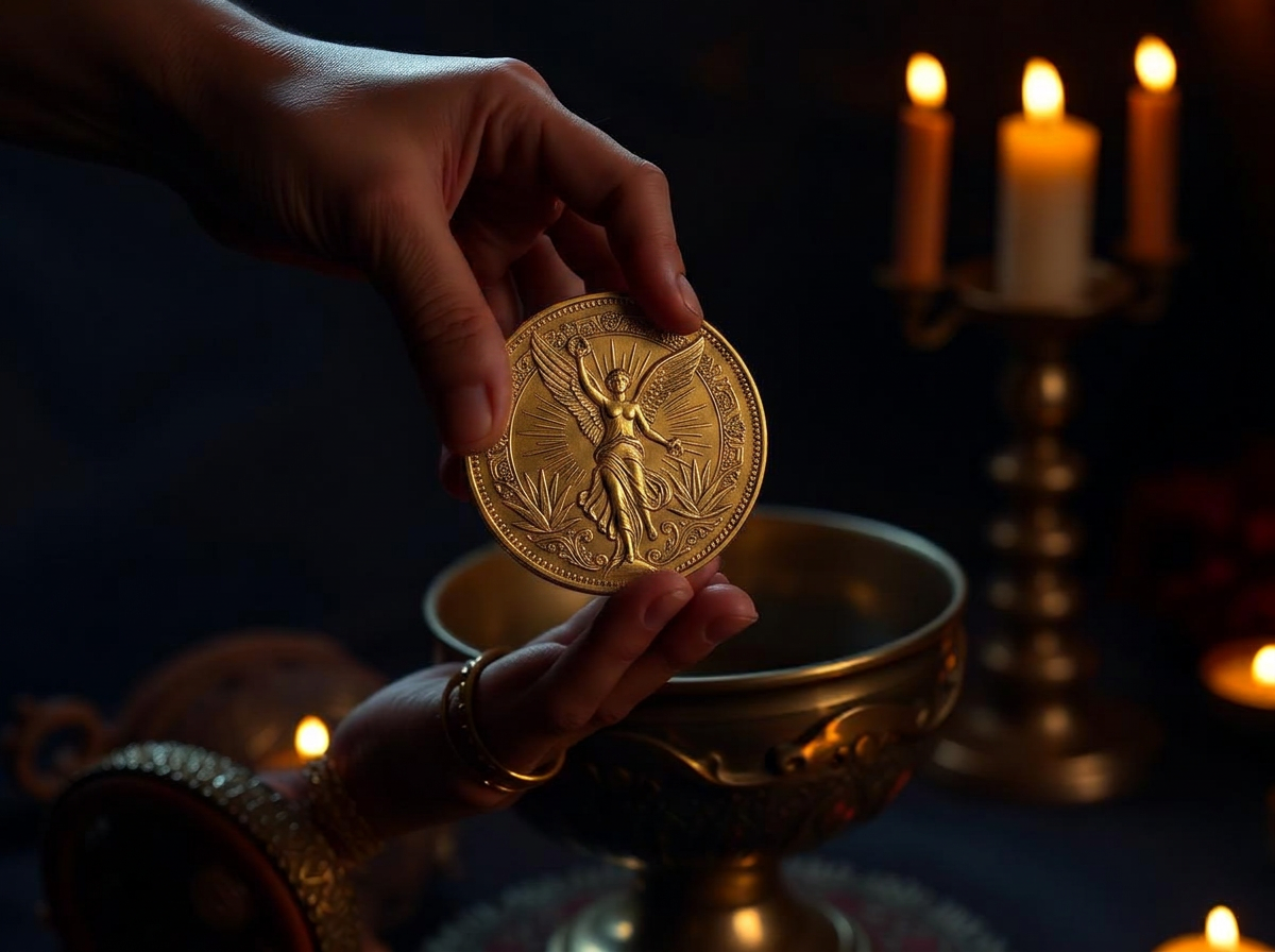 Mãos segurando moeda mexicana de ouro com a figura alada da Vitória, em cenário ritualístico iluminado por velas