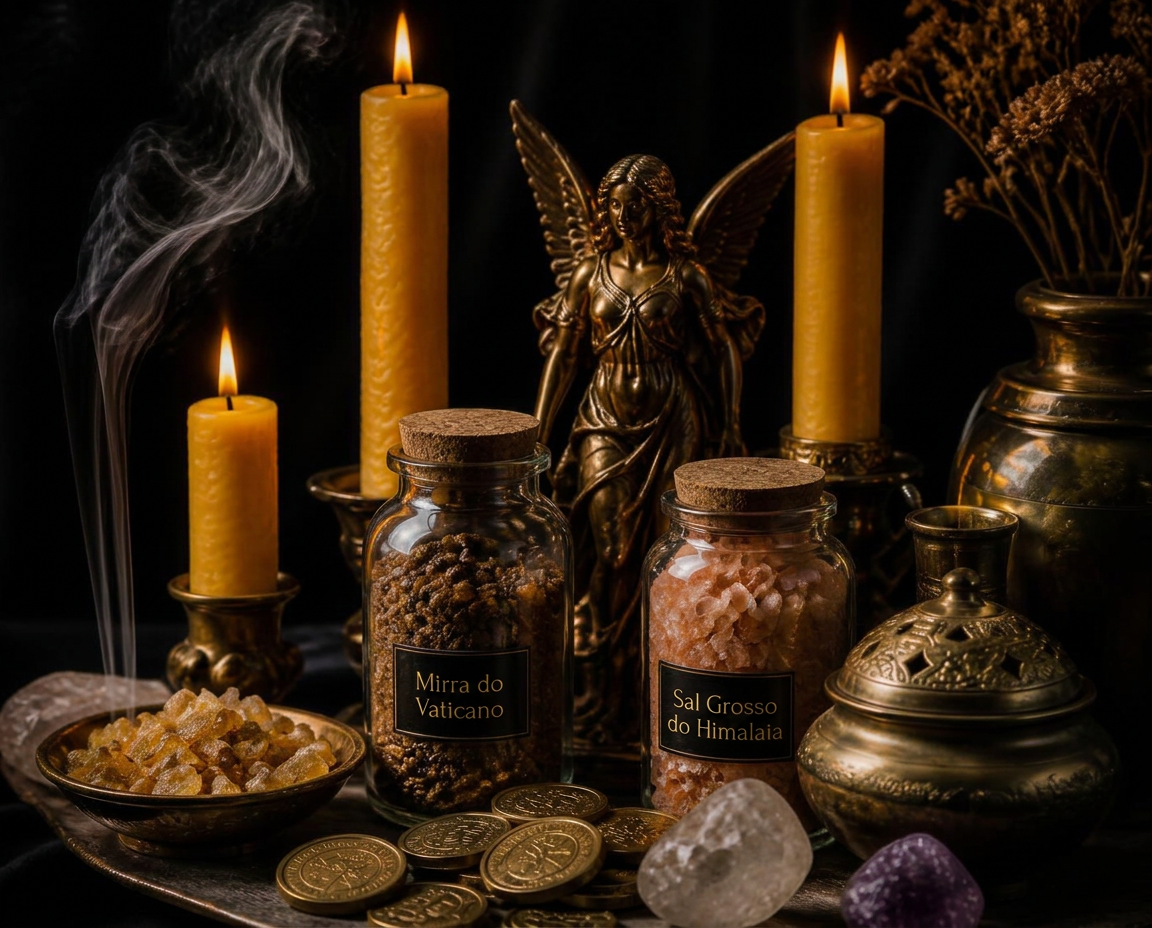 Composição ritualística com velas de cera de abelha, mirra, sal do Himalaia, moedas douradas e escultura angelical