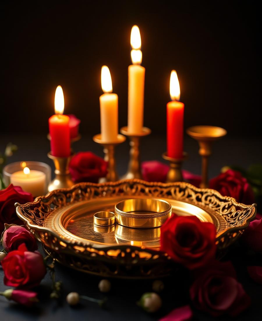 Alianças douradas em bandeja ornamental cercada de velas e rosas