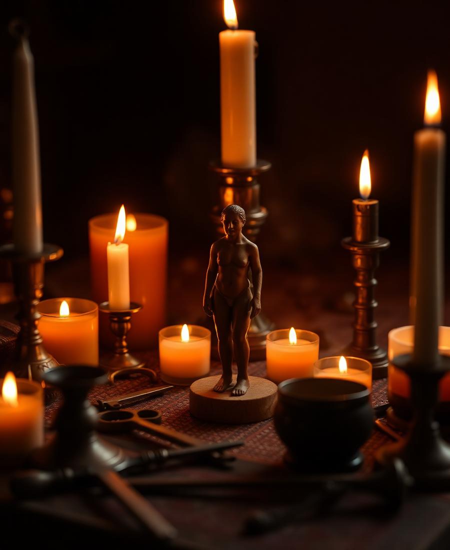 Figura de cera sobre altar com velas acesas