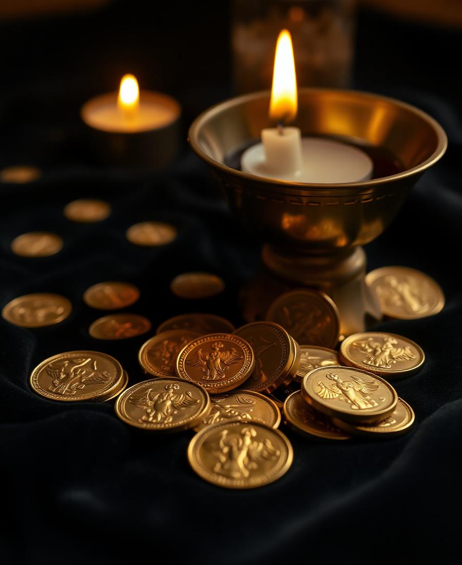 Moedas douradas ritualísticas sobre veludo escuro