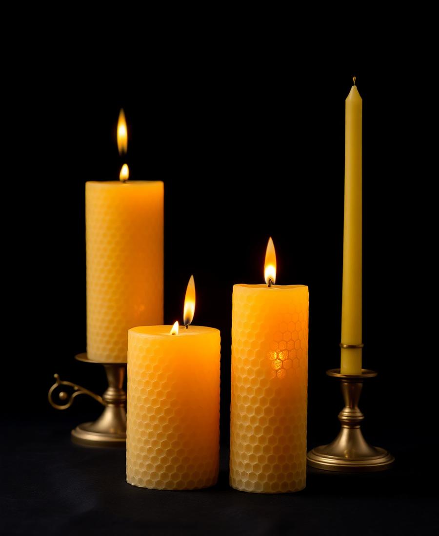 Velas artesanais de cera de abelha com textura de favo, acesas