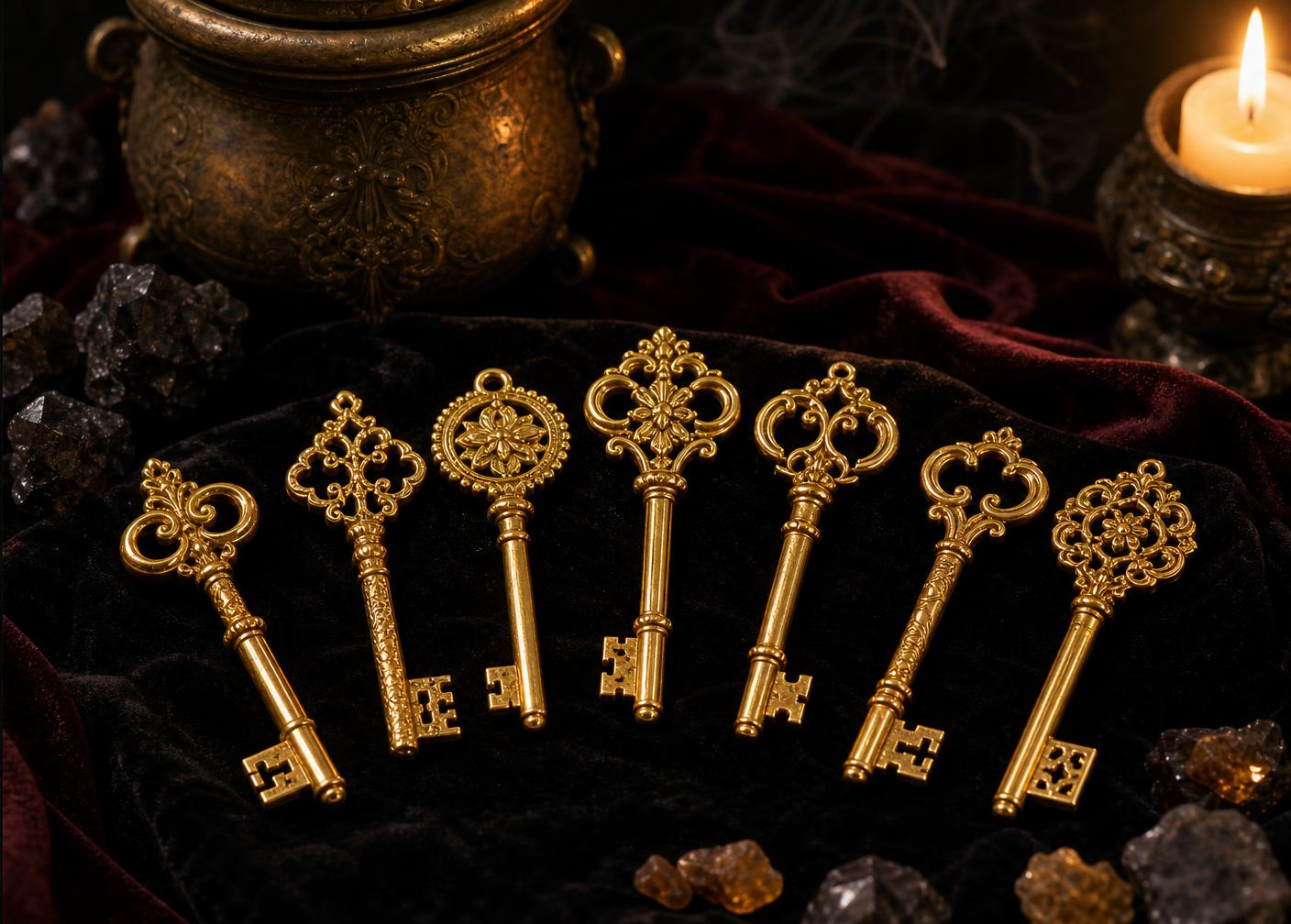 Conjunto de sete chaves antigas produzidas em ouro puro, preparadas e consagradas pela Anjos Dourado para uso profissional